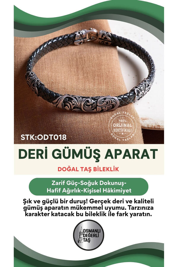 Sertifikalı Deri Gümüş Aparatlı Doğal Taş Bileklik ODT018