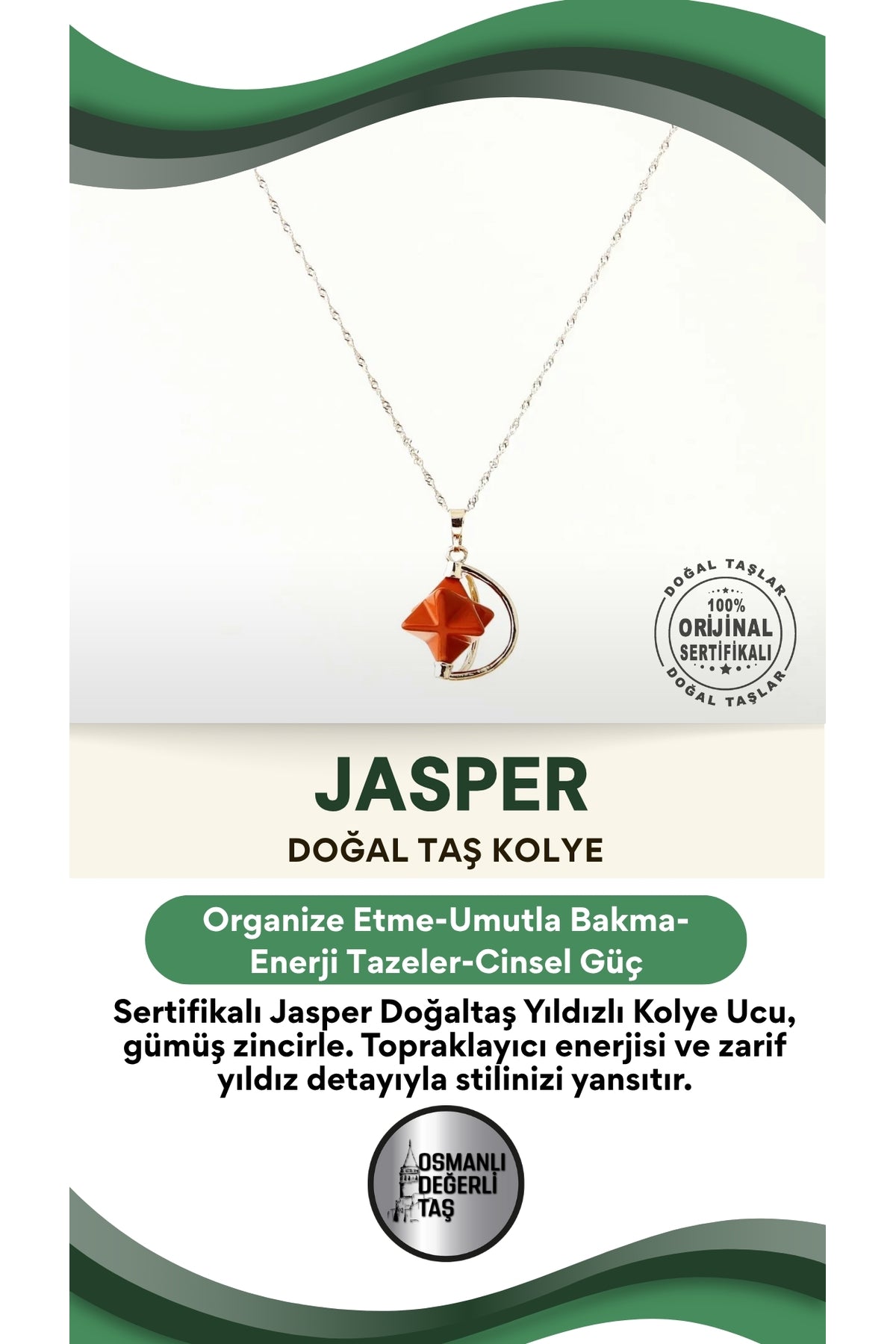 Sertifikalı Jasper Doğaltaş Yıldızlı Kolye Ucu, Gümüş Zincirle Birlikte Ku021