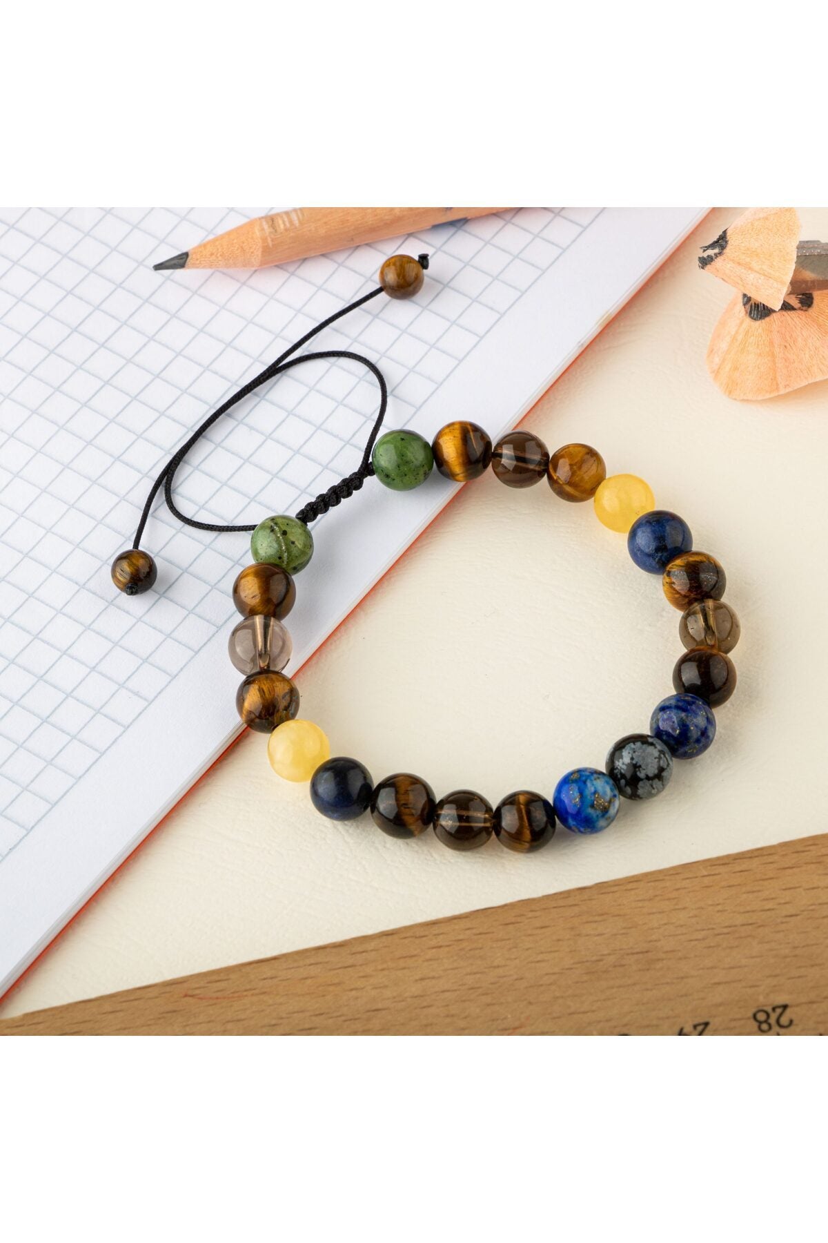 Öğrenci Doğal Taş Bileklik-Karlı Obsidyen-Lapis-Kaplan Gözü-Dumanlı Kuvars-Sodalit-Kalsit-Yeşim