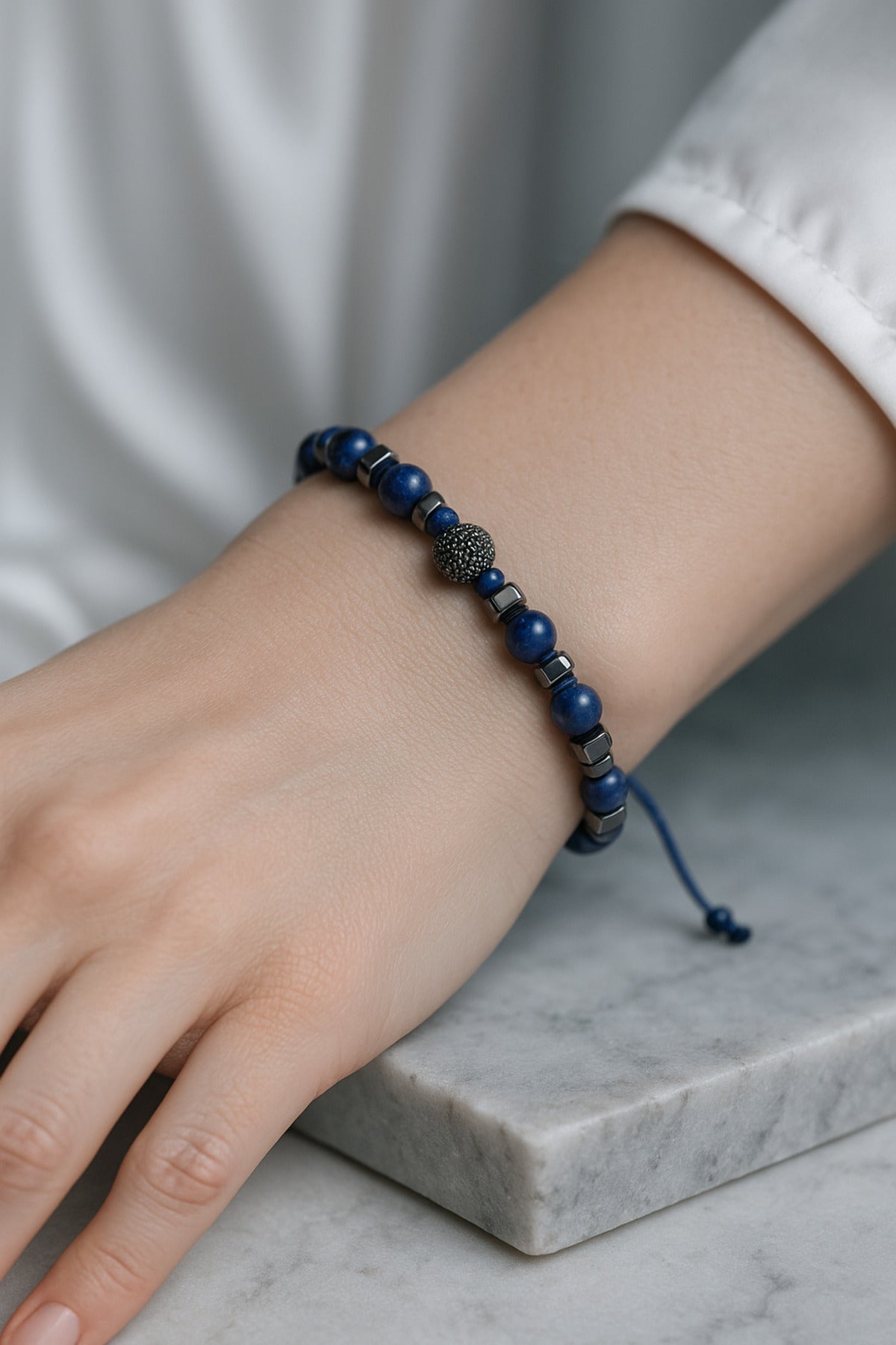 SERTİFİKALI Lapis Lazuli-Hematit Doğal Taş Makrome Ayarlanabilir Bileklik