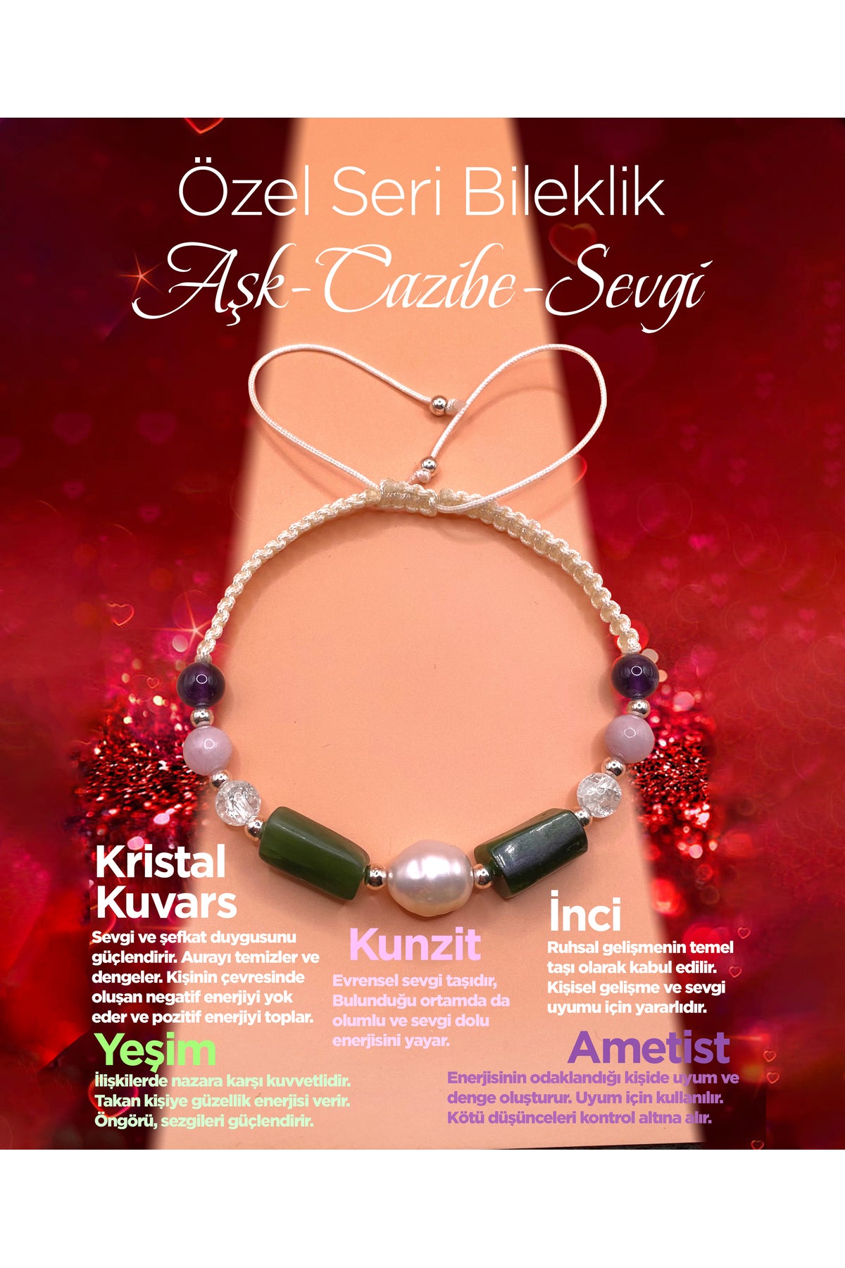 Özel Tasarım Kadın Bilekliği Cazibe-sevgi-aşk İnci-Kristal Kuvars-Yeşim-Ametist-Kunzit