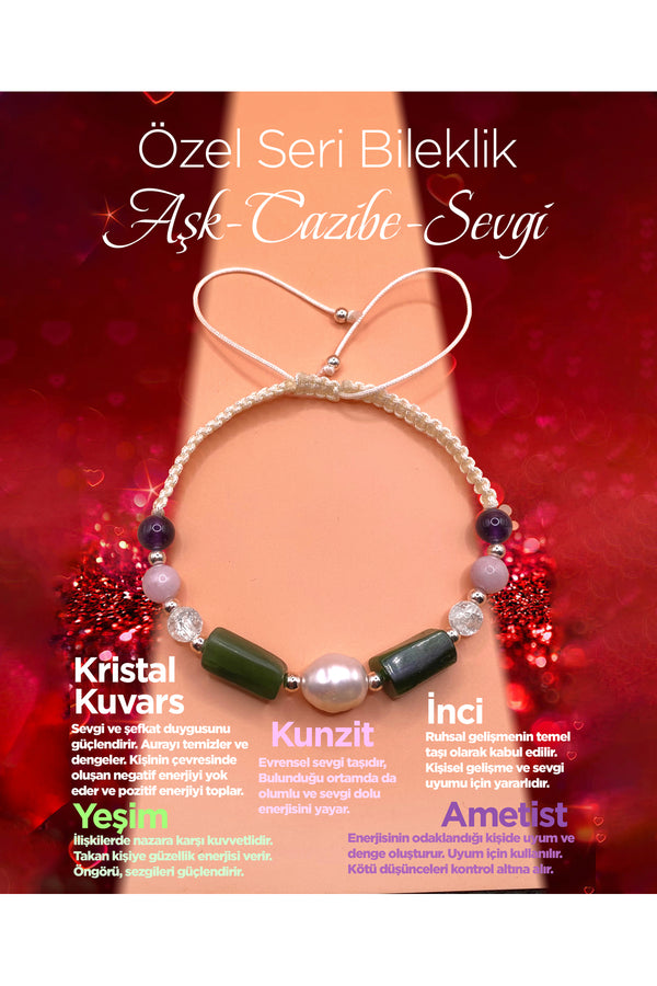 Özel Tasarım Kadın Bilekliği Cazibe-sevgi-aşk İnci-Kristal Kuvars-Yeşim-Ametist-Kunzit