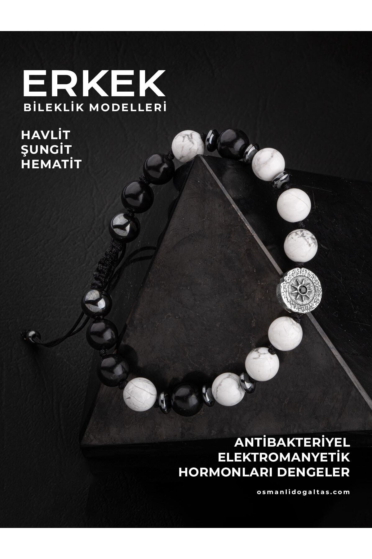 SERTİFİKALI HAVLİT SİYAH TURMALİN DOĞAL TAŞLI ÖRGÜ 925 AYAR GÜMÜŞ TASARIM BİLEKLİK (GÜNEŞ SEMBOLLÜ)