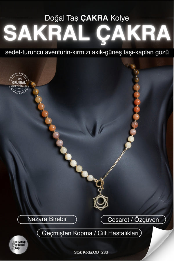 SERTİFİKALI -Aventurin-Kırmızı Akik-Güneş Taşı-Kaplan Gözü Doğal Taş Sakral Çakra Kolye ODT233