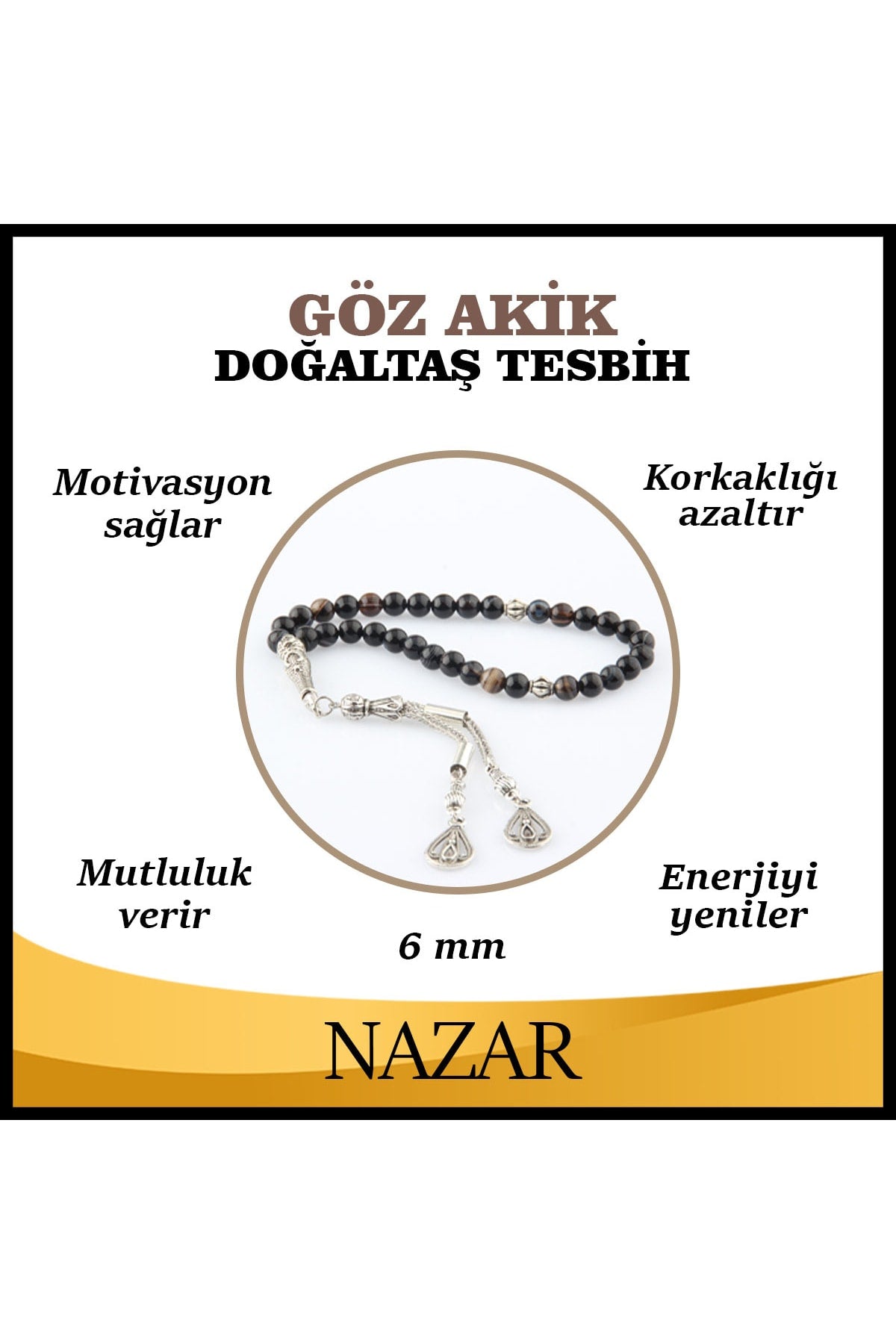 Sertifikalı Göz Akik Doğal Taş Tesbih 6 Mm, T200