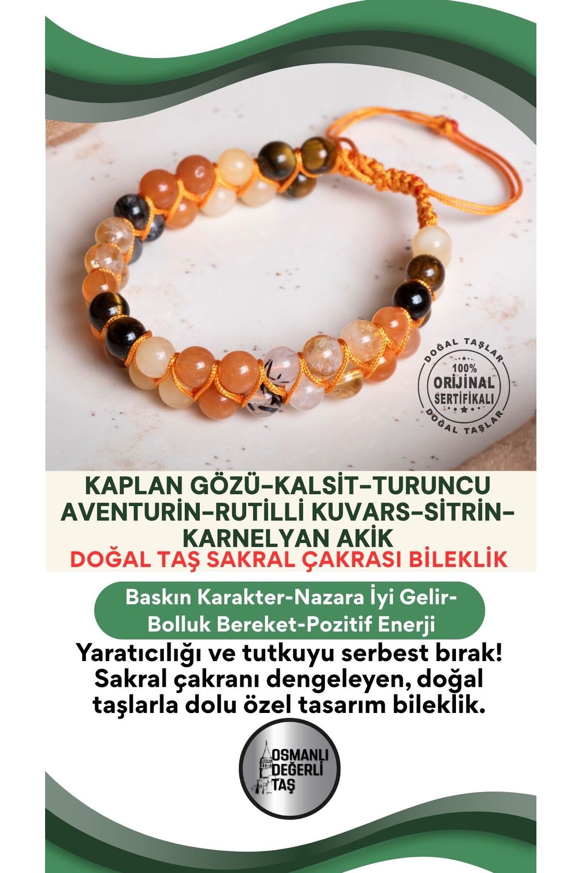 SERTİFİKALI Sakral Çakrası Doğal Taş Makrome Ayarlanabilir Bileklik