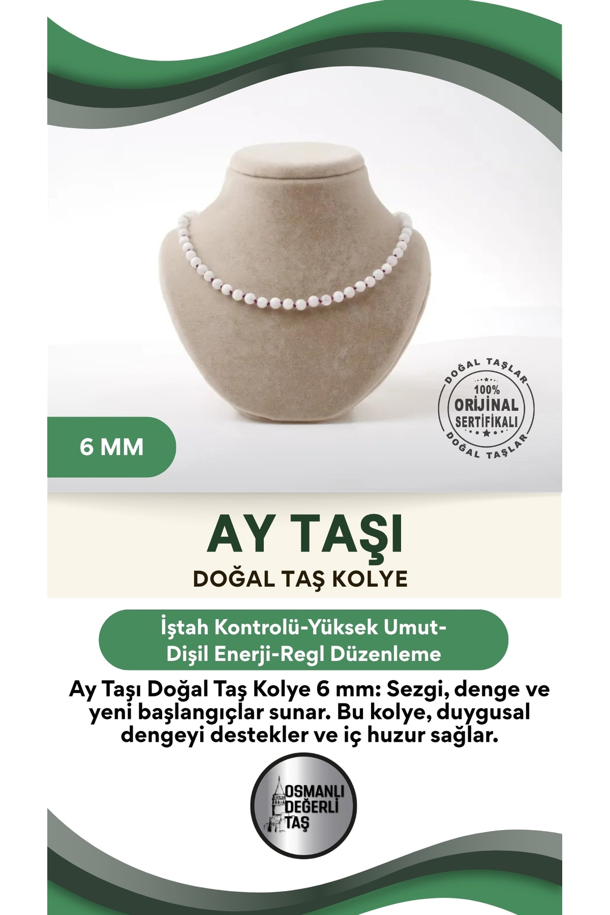 Sertifikalı Ay Taşı Doğaltaş Kolye 6 Mm, M562