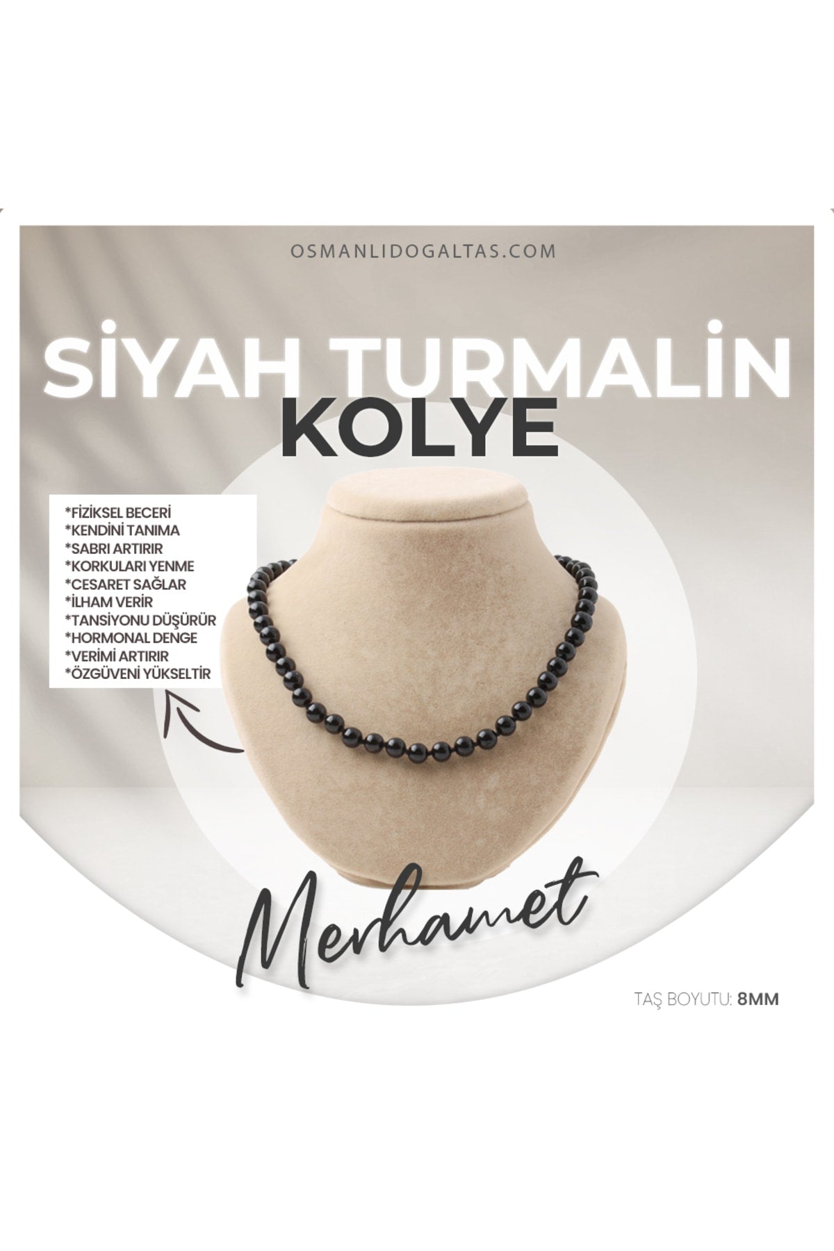 Sertifikalı Siyah Turmalin Doğaltaş Kolye 8 Mm, M547