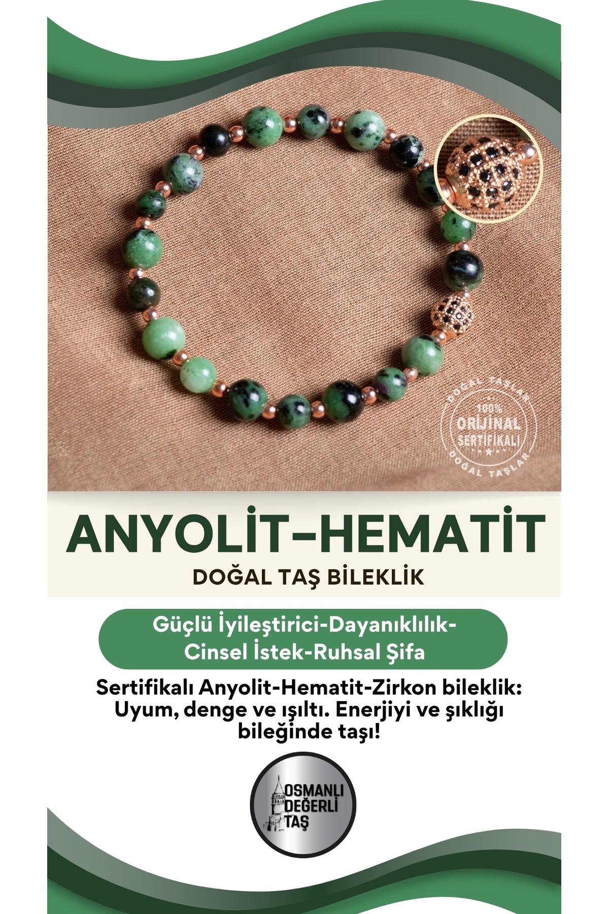 SERTİFİKALI Anyolit Hematit Zirkon Aparat Doğal Taş Bileklik