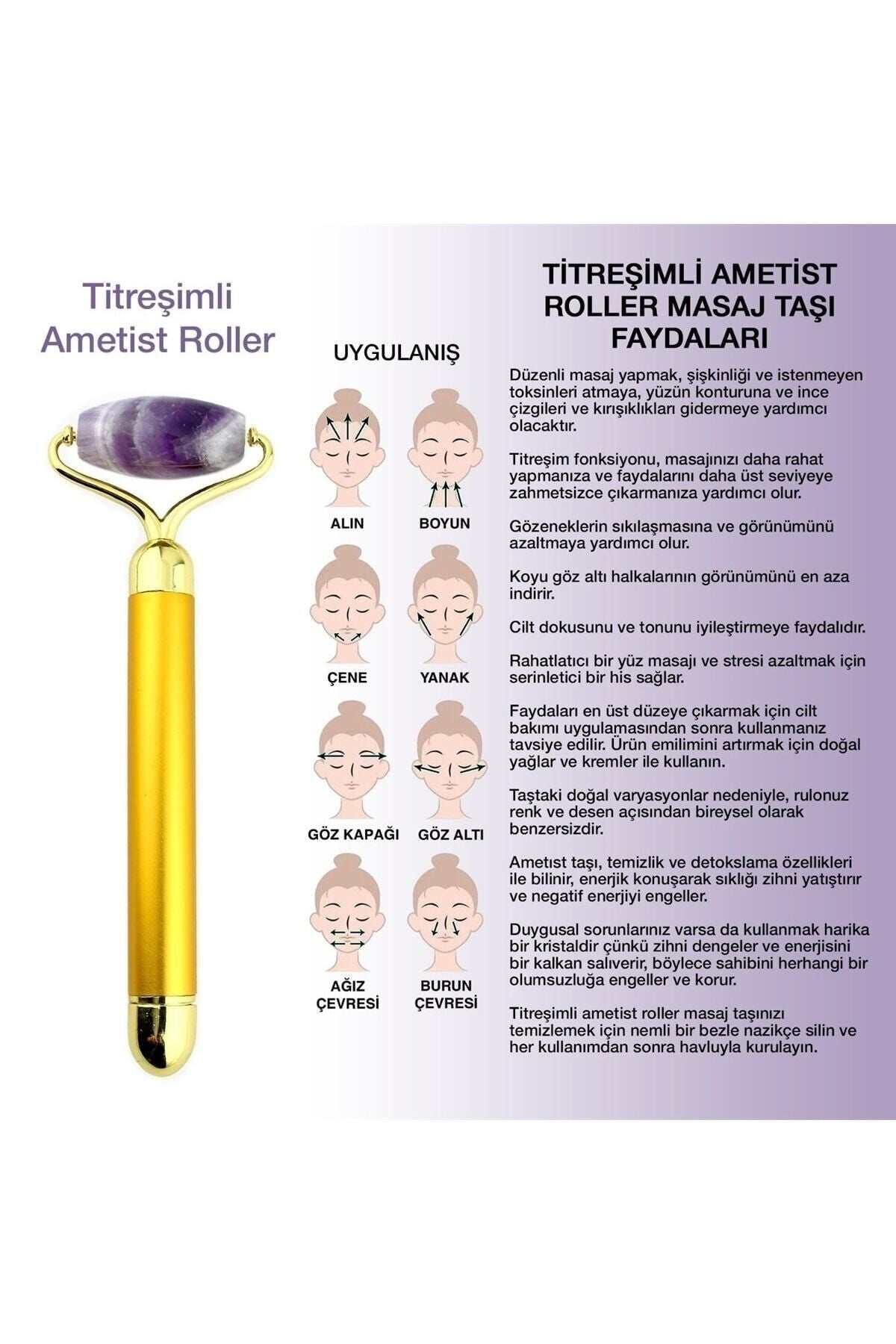 Sertifikalı Ametist Doğal Taşı Titreşimli Roller Masaj Aleti - 15 X 6 Cm Ma018