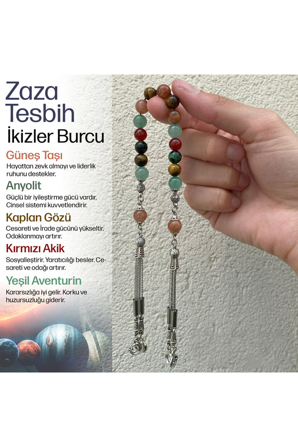 İkizler Burcu Zaza Tesbih Anyolit, Güneş Taşı, Kaplan Gözü, Kırmızı Akik, Yeşil Aventurin