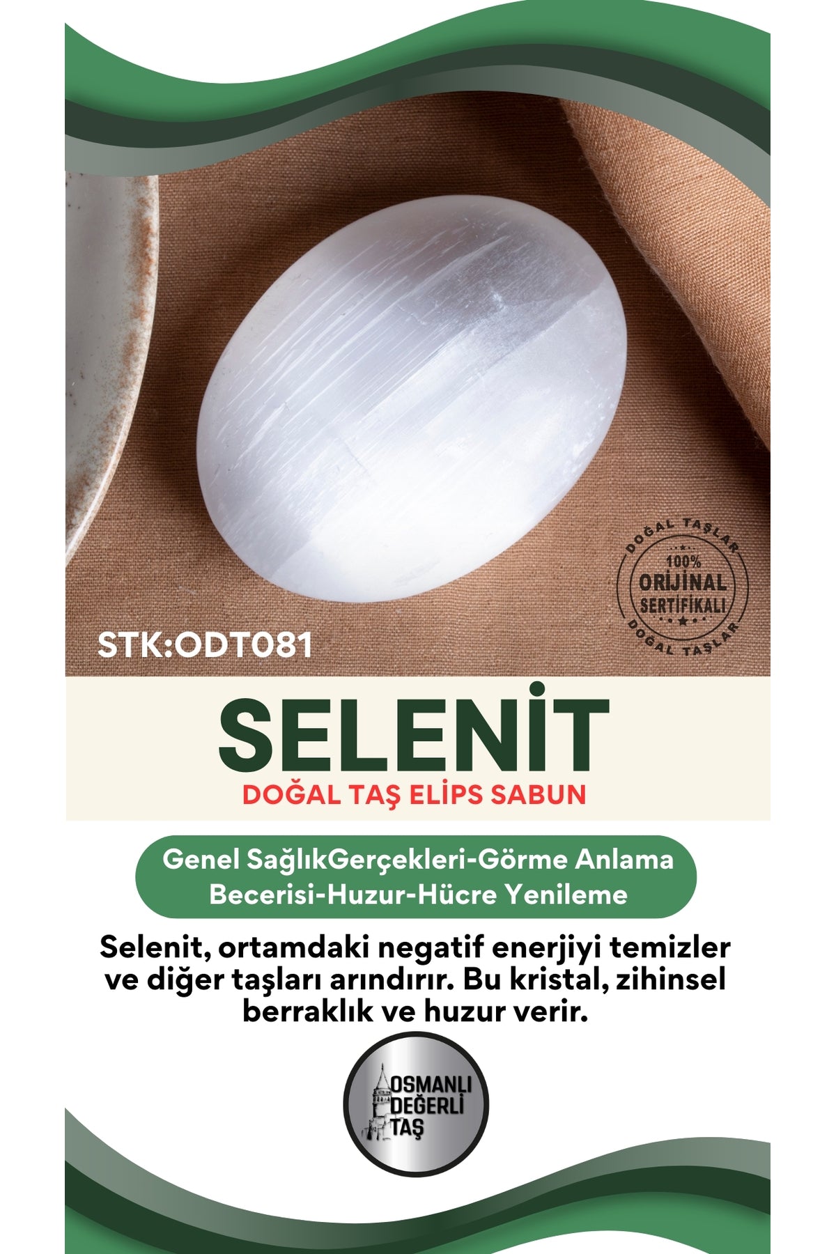 SERTİFİKALI Selenit Doğal Taş Elips Sabun ODT081