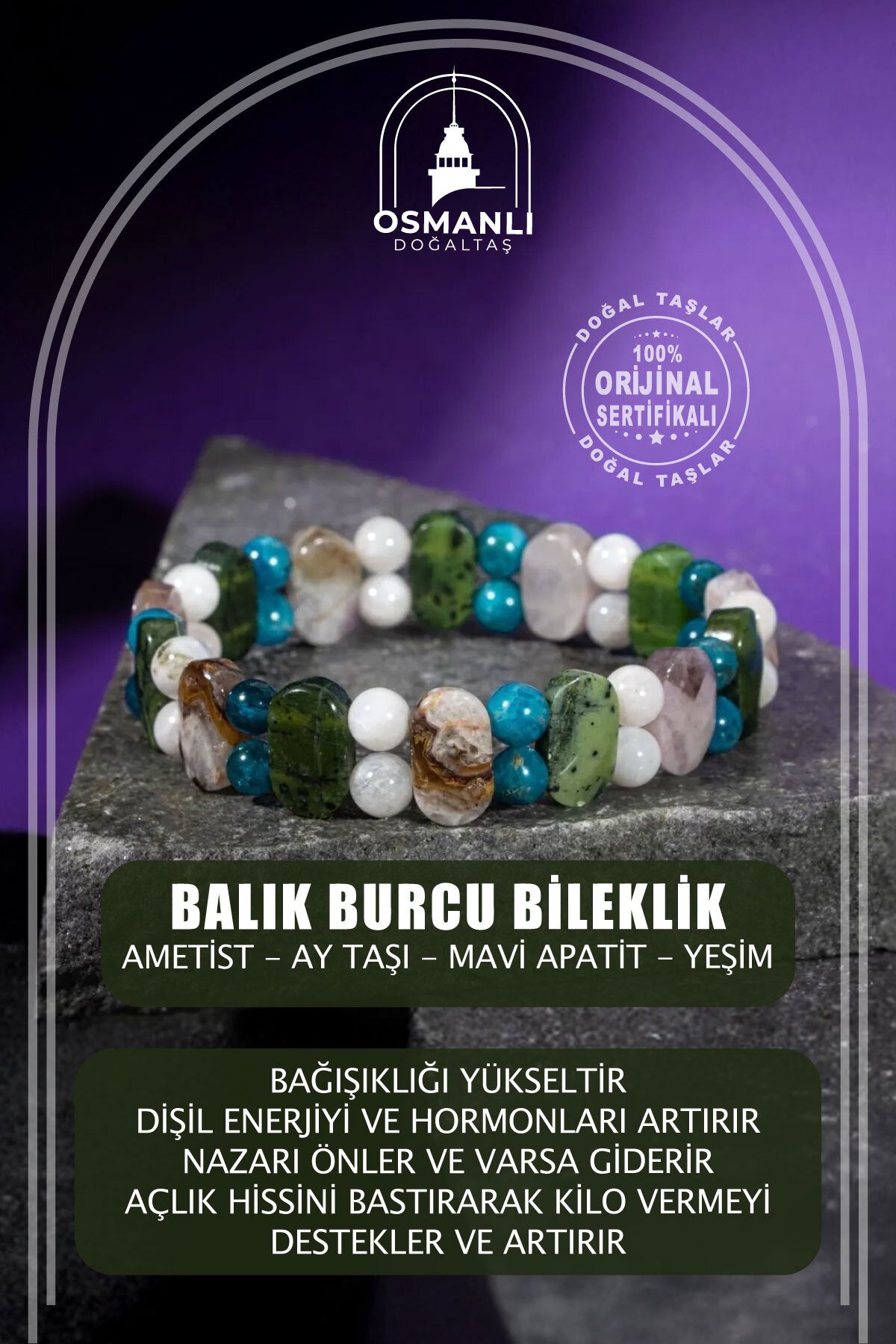 Balık Burcu Doğal Taş Geniş Kesim El Yapımı Bileklik