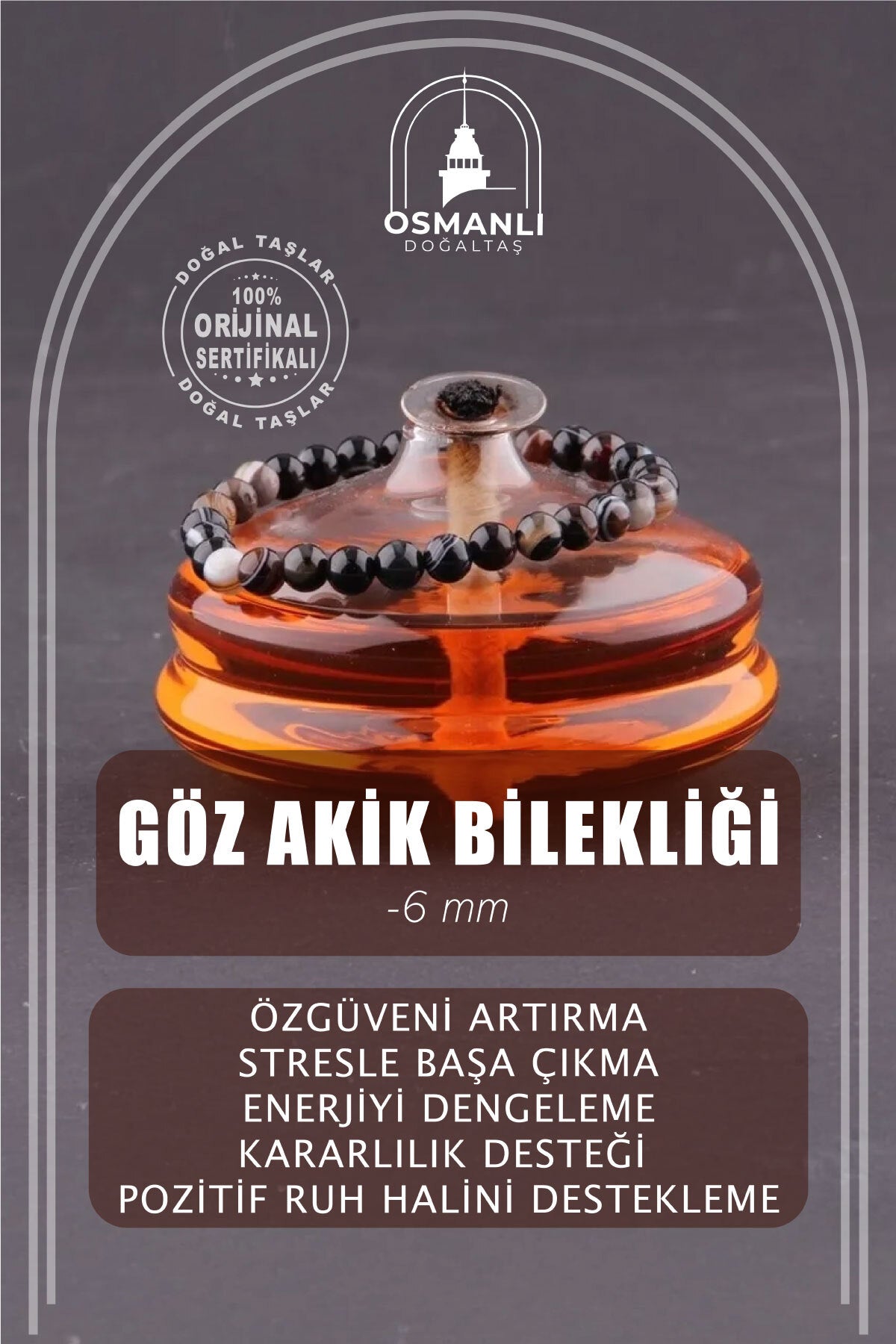 Sertifikalı Göz Akik Doğal Taş Bileklik 6 Mm - B819