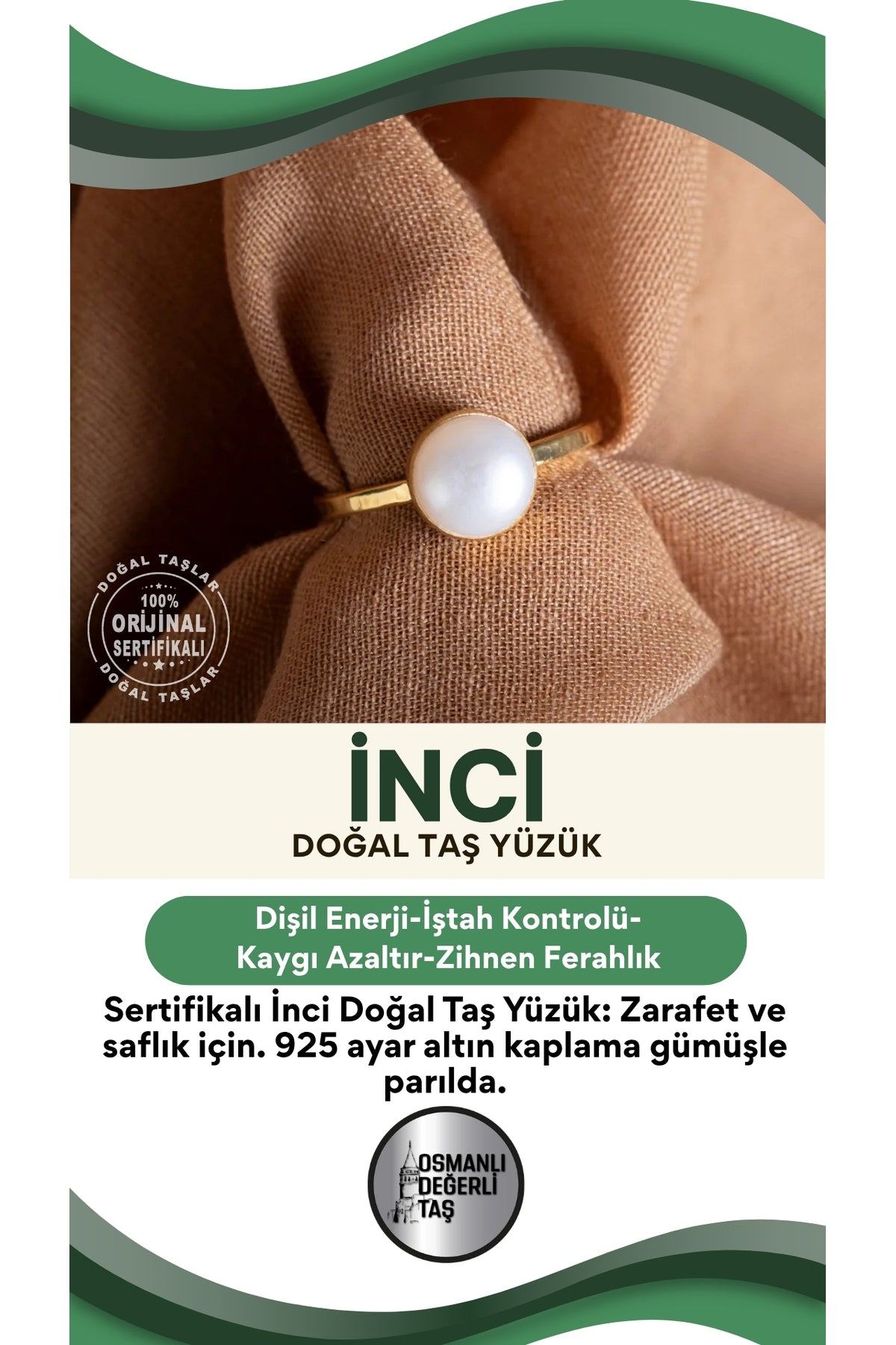 SERTİFİKALI İnci DOĞAL TAŞ YÜZÜK (925 ayar gümüş altın kaplama)
