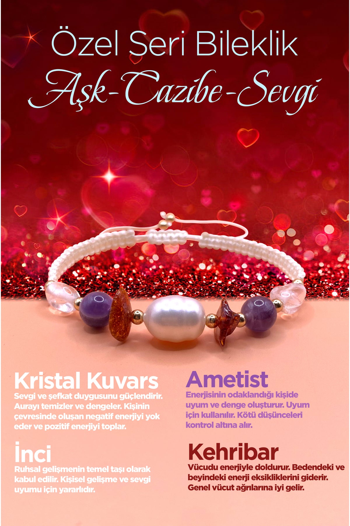 Özel Tasarım Kadın Bilekliği Cazibe-sevgi-aşk İnci-Kristal Kuvars-Kehribar-Ametist