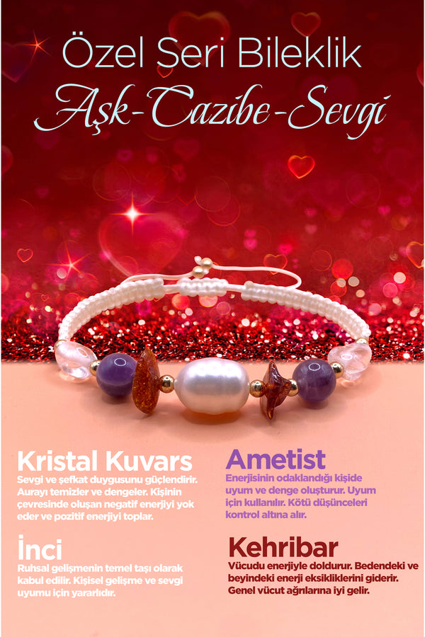 Özel Tasarım Kadın Bilekliği Cazibe-sevgi-aşk İnci-Kristal Kuvars-Kehribar-Ametist