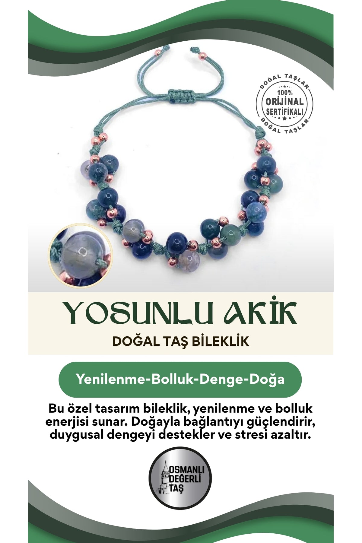 Yosunlu Akik Doğal Taş Merdiven Kapama Bileklik Özel Tasarım