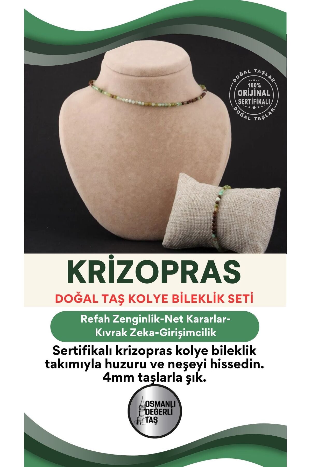 Sertifikalı Krizopras Kolye Bileklik Takım 4 Mm