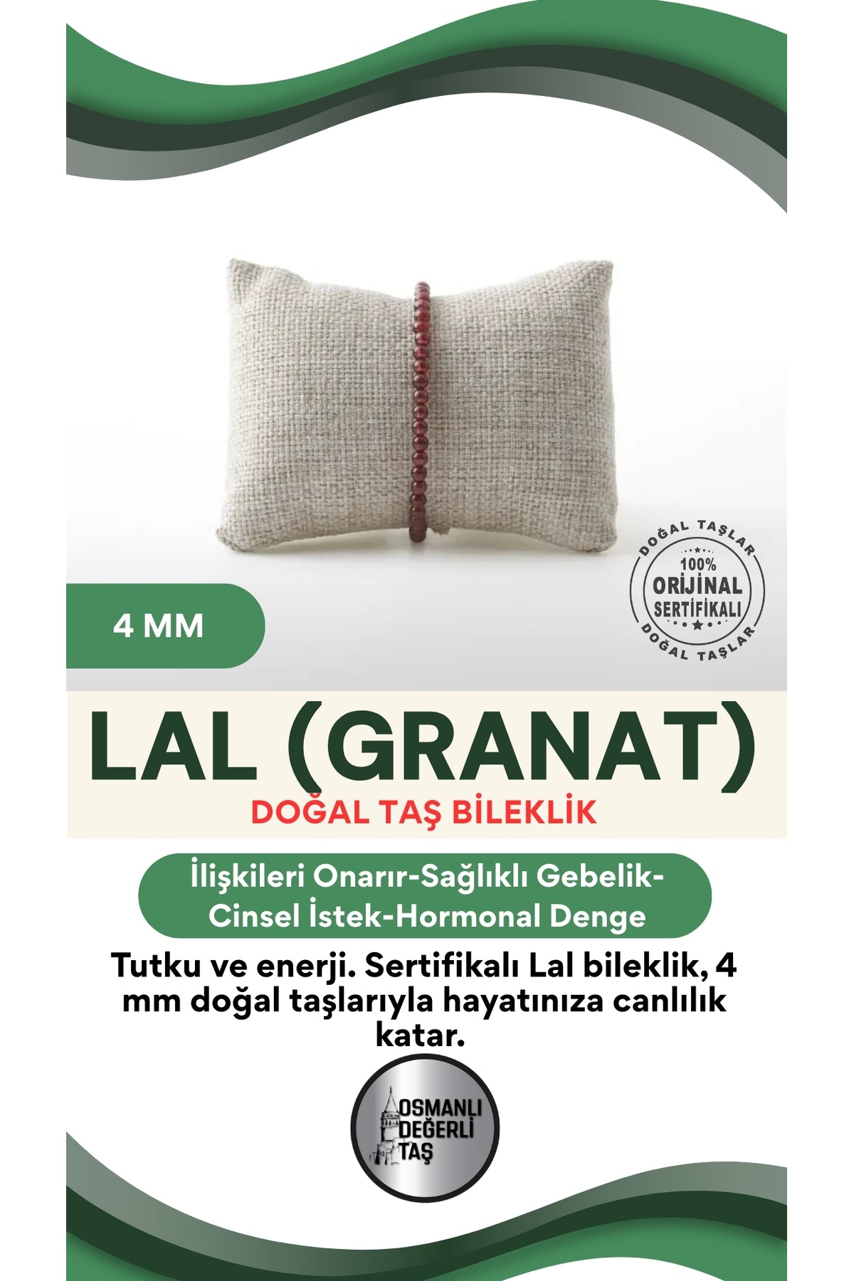 Sertifikalı Lal Doğaltaş Bileklik 4 Mm, B973