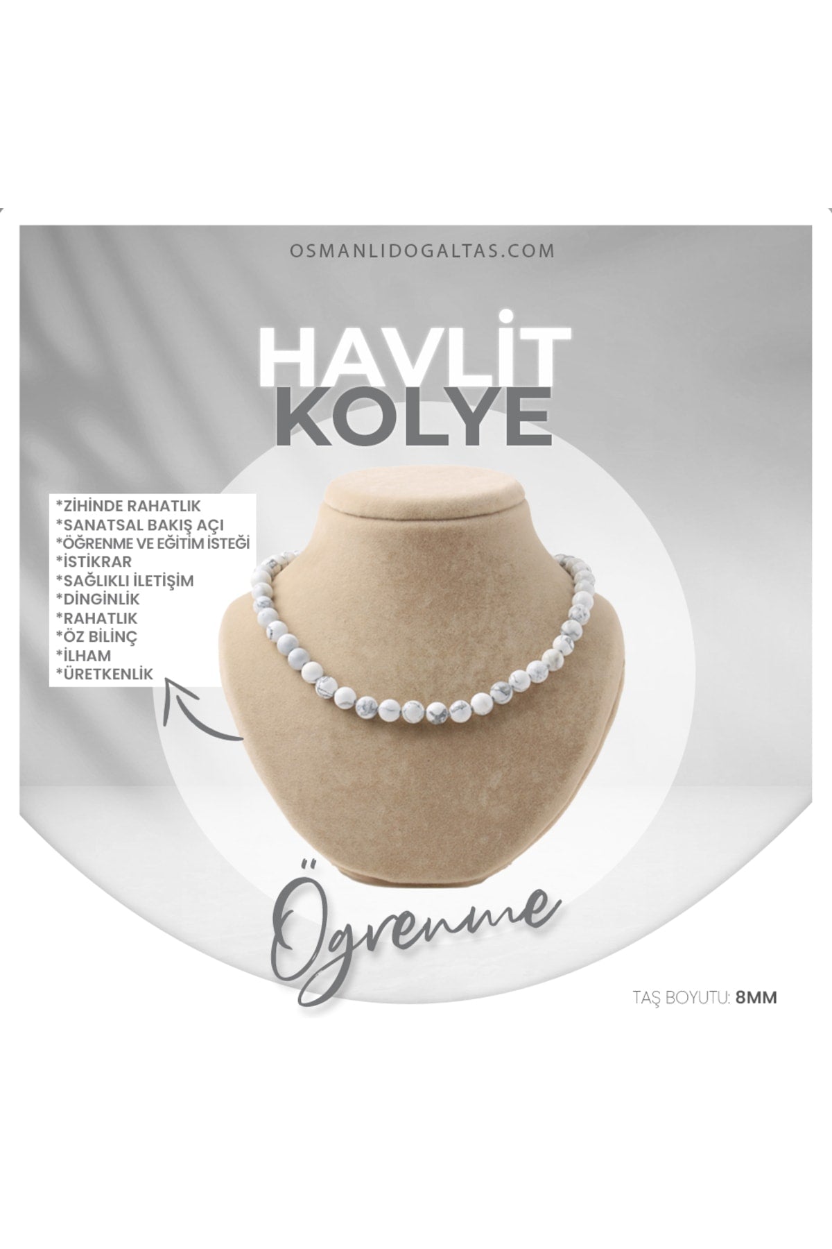 Sertifikalı Havlit Doğaltaş Kolye 8 Mm, M519