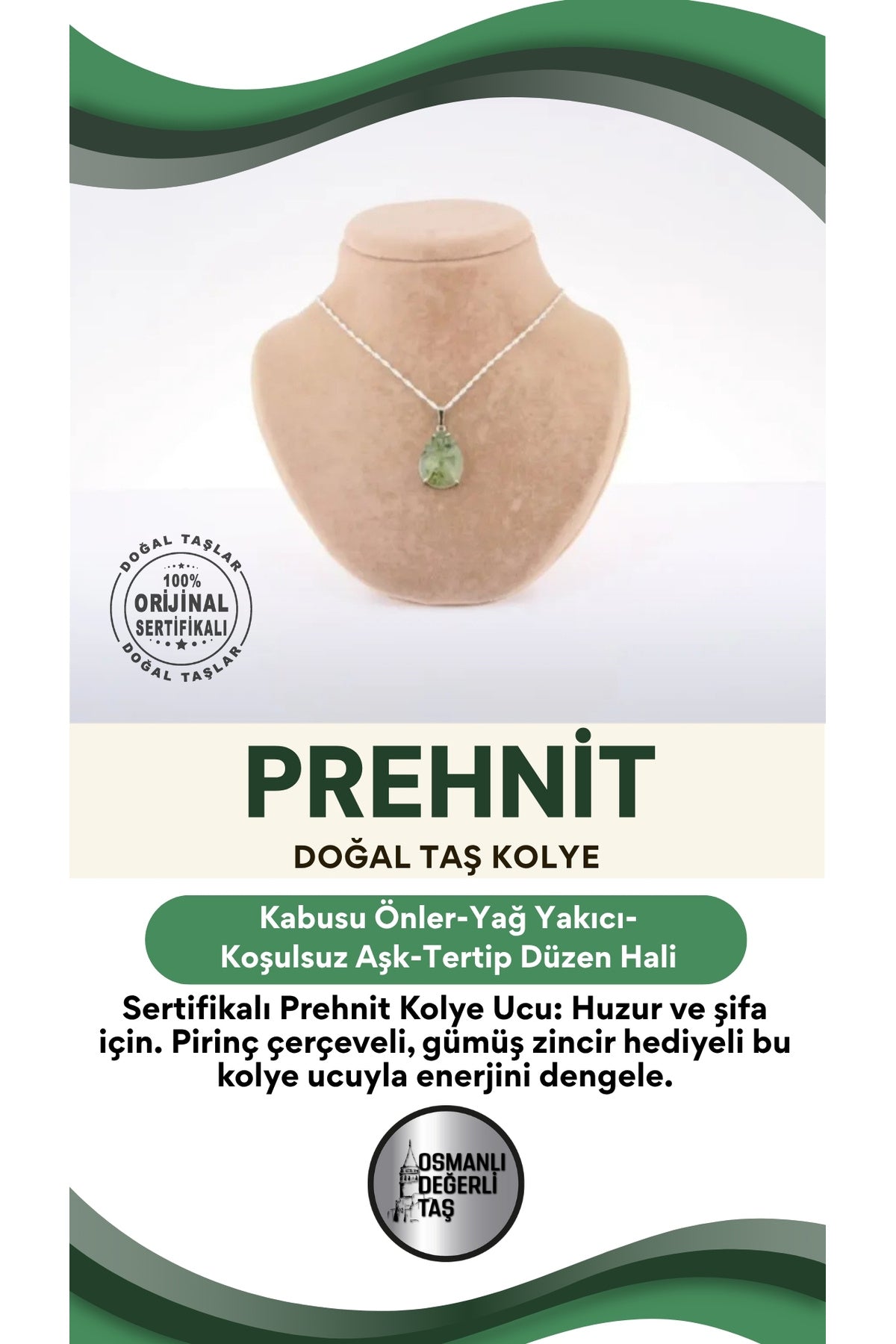 Sertifikalı Prehnit Kolye Ucu (GÜMÜŞ ZİNCİR HEDİYE) Pirinç Çerçeve