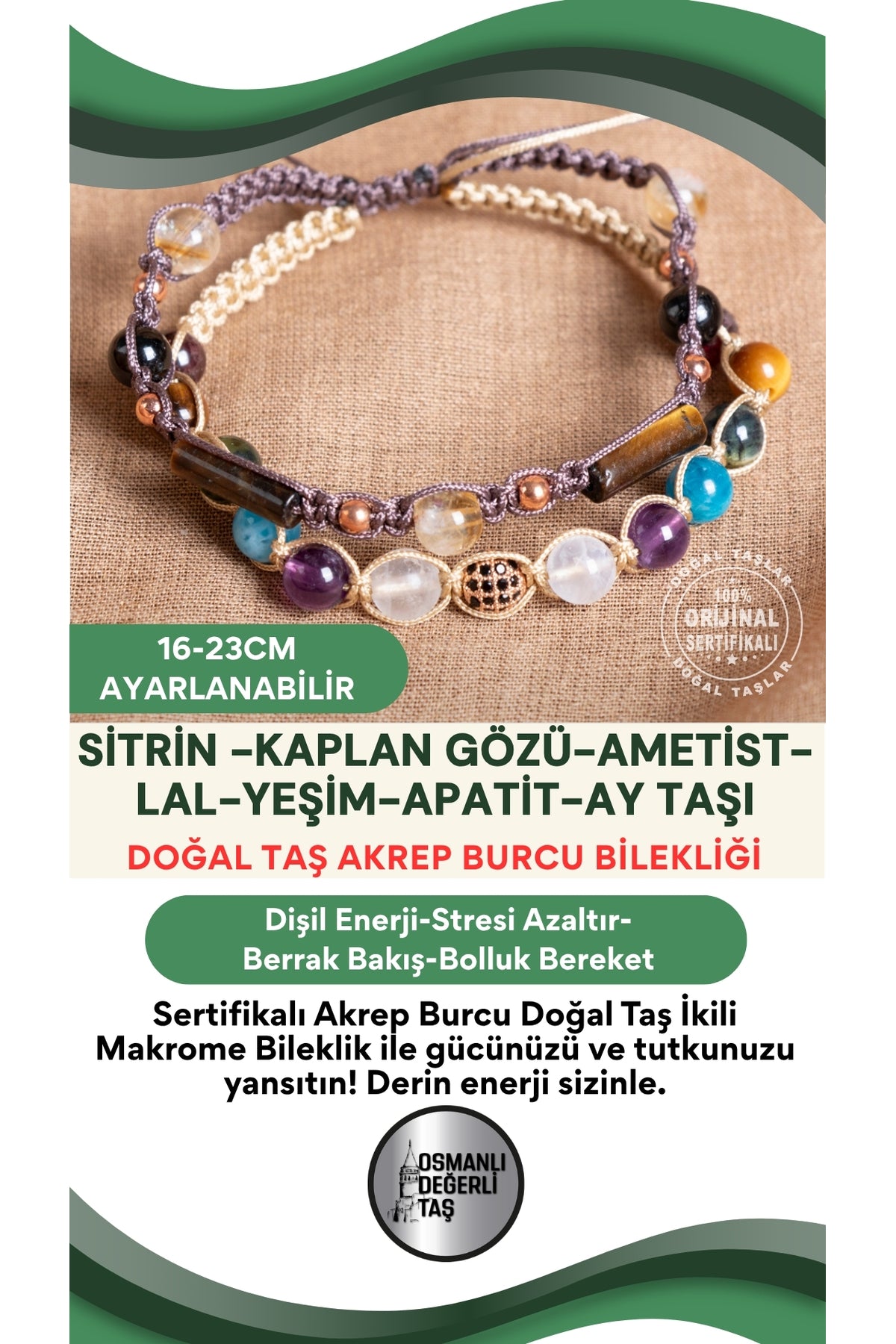 SERTİFİKALI Akrep Burcu Doğal Taş İkili Makrome Bileklik