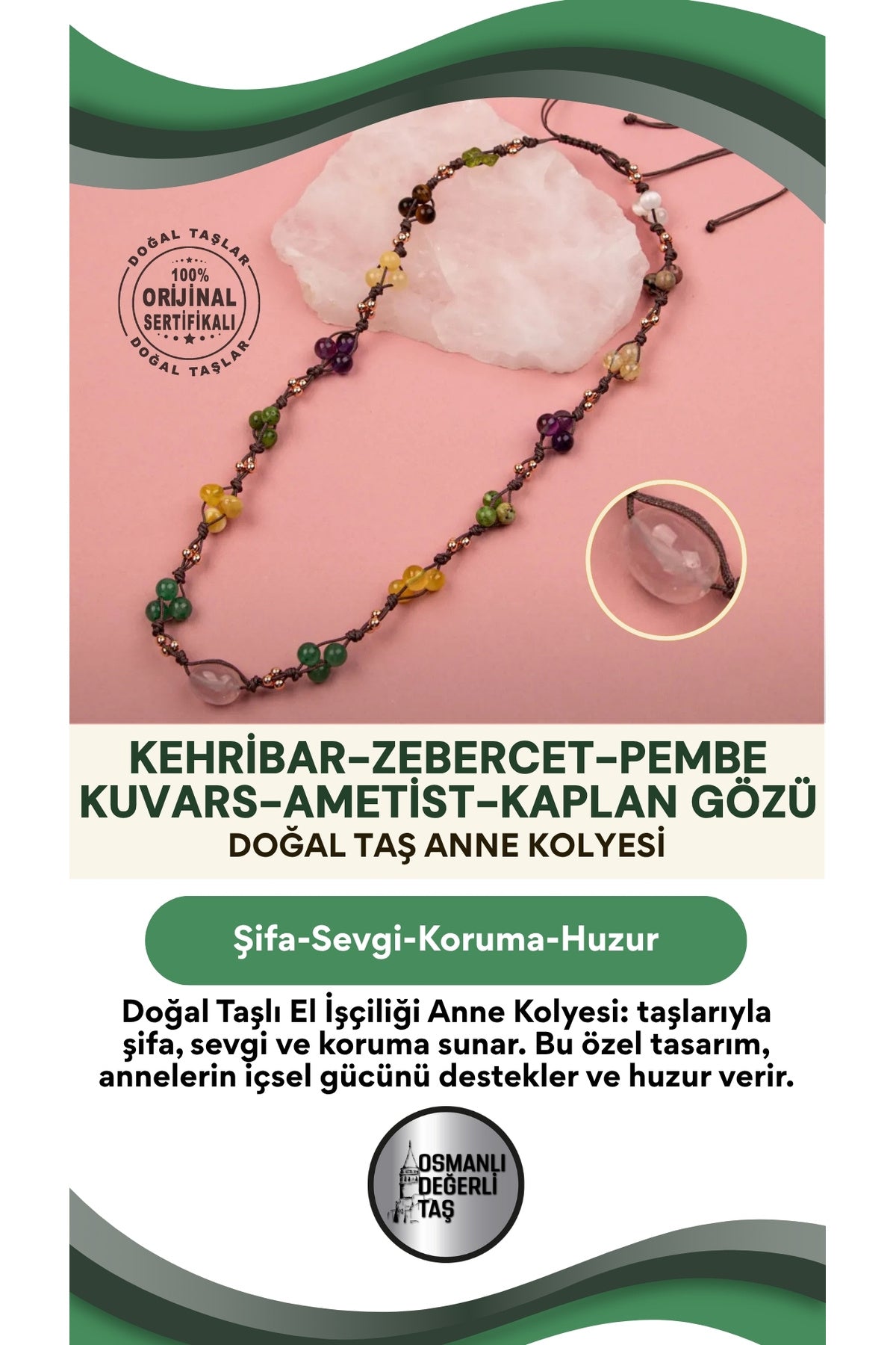 Doğal Taşlı El Işçiliği Anne Kolyesi Kehribar, Zebercet, Pembe Kuvars, Ametist, Kaplan Gözü