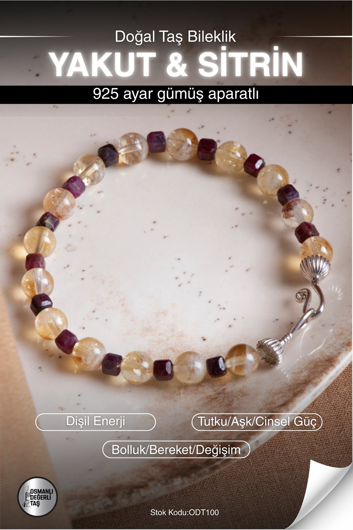 Sertifikalı Yakut-Sitrin Doğal Taş 925 Ayar Gümüş Aparatlı Bileklik ODT100