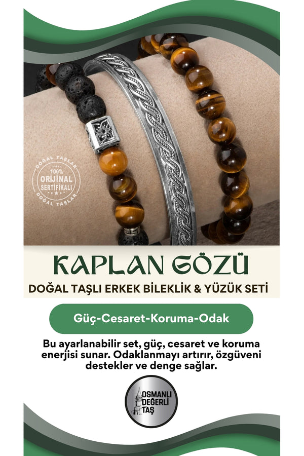 Sertifikalı 925 Ayar Gümüş Kaplan Gözü Doğal Taşlı Erkek Bileklik & Yüzük Seti Ayarlanabilir Ölçü