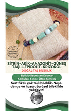 Sertifikalı Doğal Taş Bileklik - Sitrin-akik-amazonit-güneş Taşı-lepidolit-krizokol