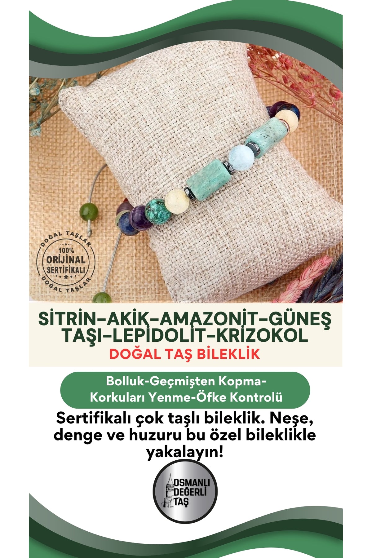 Sertifikalı Doğal Taş Bileklik - Sitrin-akik-amazonit-güneş Taşı-lepidolit-krizokol
