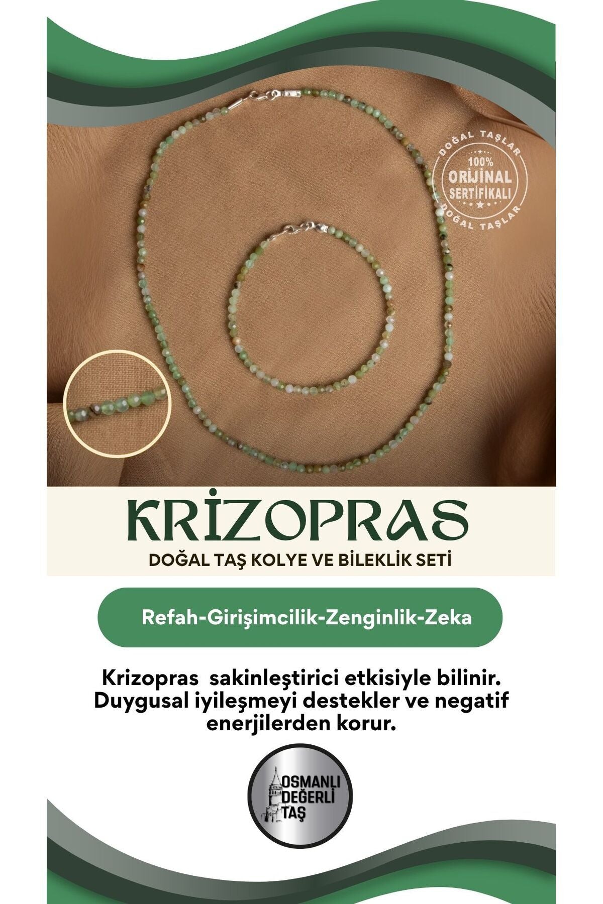 Sertifikalı Krizopras Doğal Taş Kolye ve Bileklik Seti
