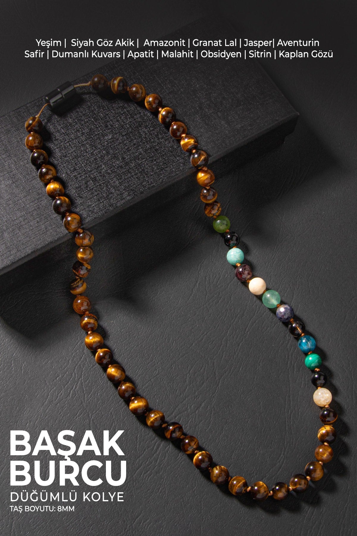 Başak Burcu Düğümlü Kolye Sertifikalı Doğal Taşlı (safir, Malahit, Granat Lal, Yeşim, Kaplan Gözü)