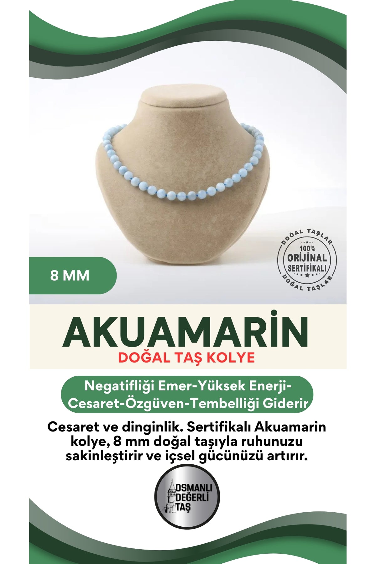 Sertifikalı Akuamarin Doğaltaş Kolye 8 Mm, M502
