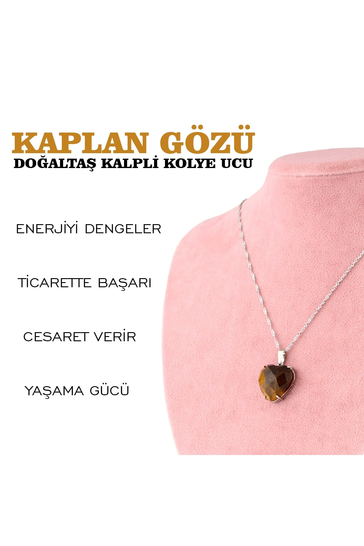 Sertifikalı Kaplan Gözü Doğaltaş Kalpli Kolye Ucu, Gümüş Zincirle Beraber M432