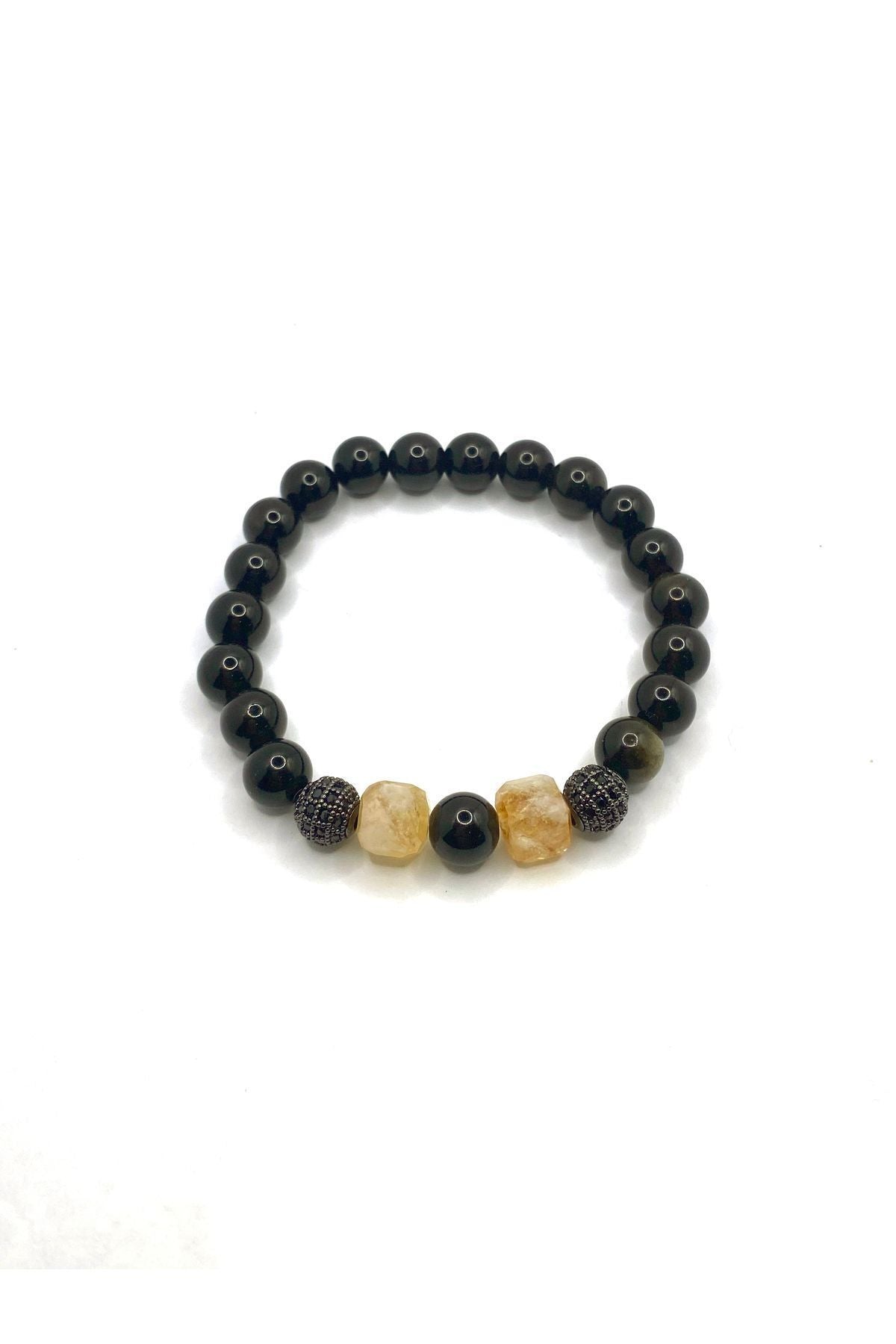 Orijinal Hakiki Sitrin - Obsidyen Siyah Zirkon Doğal Taş Bileklik 8mm