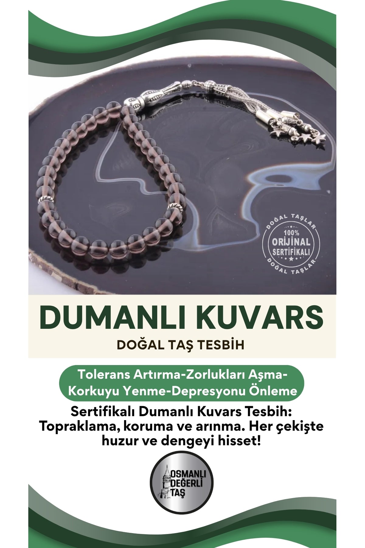 Sertifikalı Dumanlı Kuvars Doğal Taş Tesbih T174