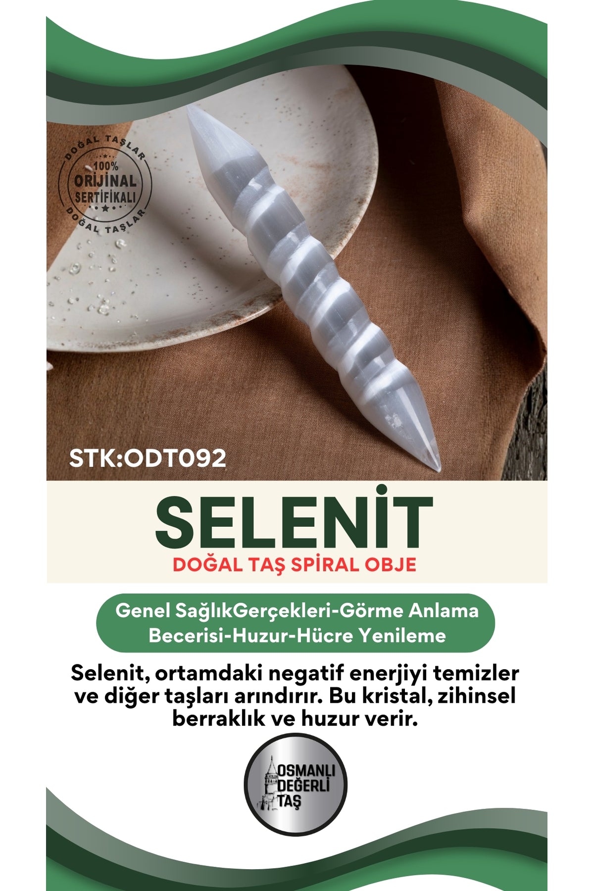 SERTİFİKALI Selenit Doğal Taş Spiral Obje ODT092