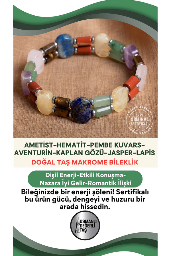 Sertifikalı ametist-hematit-pembe kuvars-aventurin-kaplan gözü-jasper-lapis doğal taş bileklik
