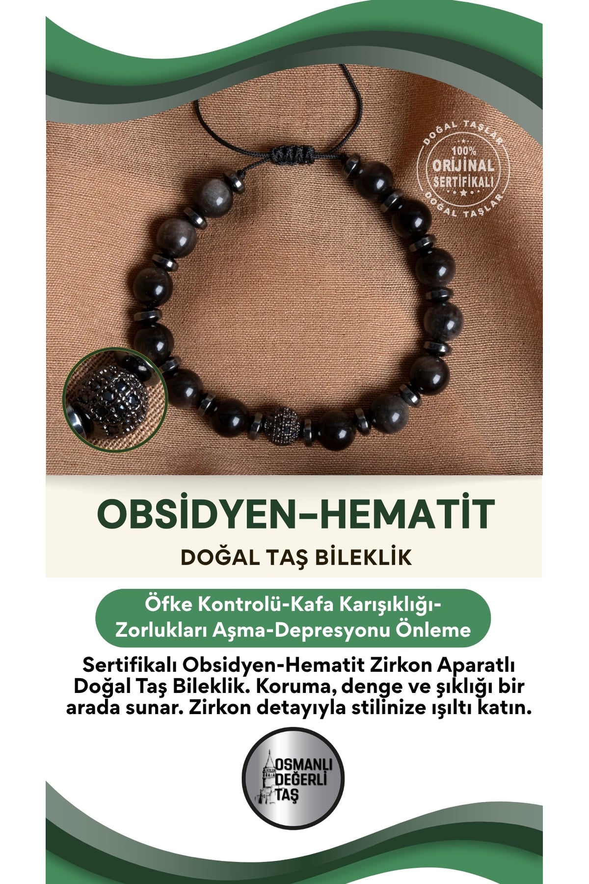 Sertifikalı obsidyen - hematit zirkon aparatlı Doğal Taş Bileklik