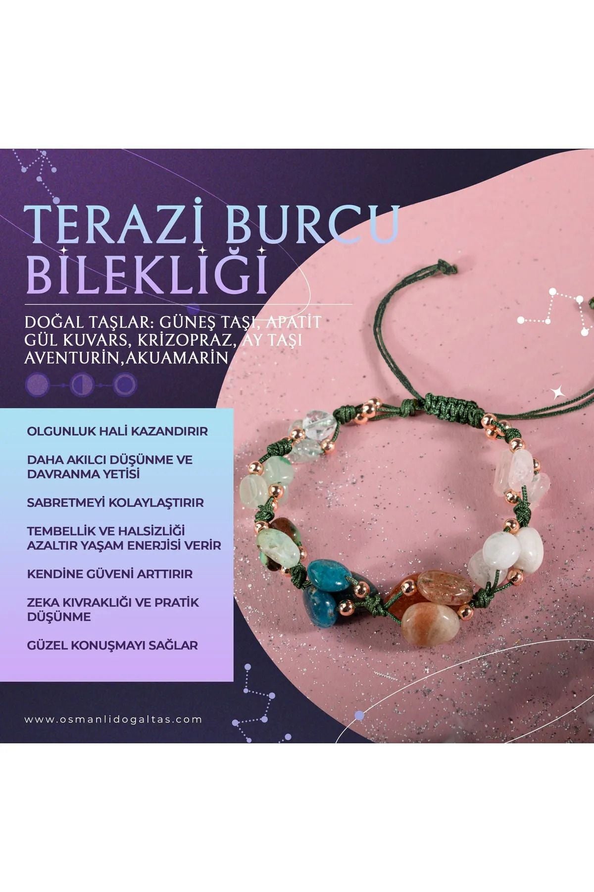Terazi Burcu Doğal Taş Natürel Makrome Bileklik