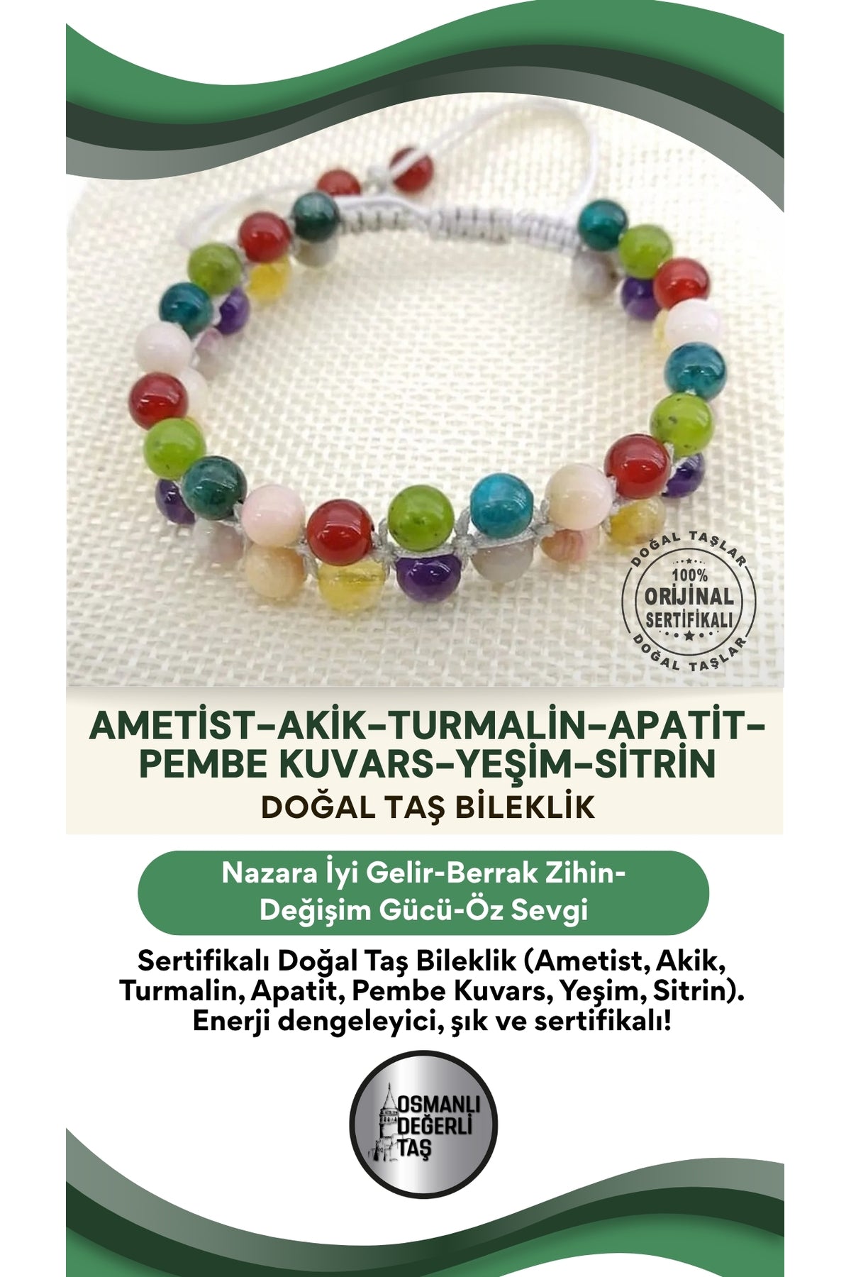 Sertifikalı Doğal Taş Bileklik-ametist,akik,turmalin,apatit,pembe Kuvars,yeşim,sitrin B606
