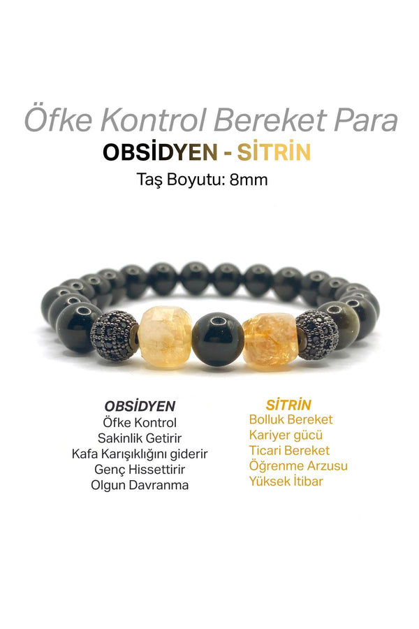 Orijinal Hakiki Sitrin - Obsidyen Siyah Zirkon Doğal Taş Bileklik 8mm