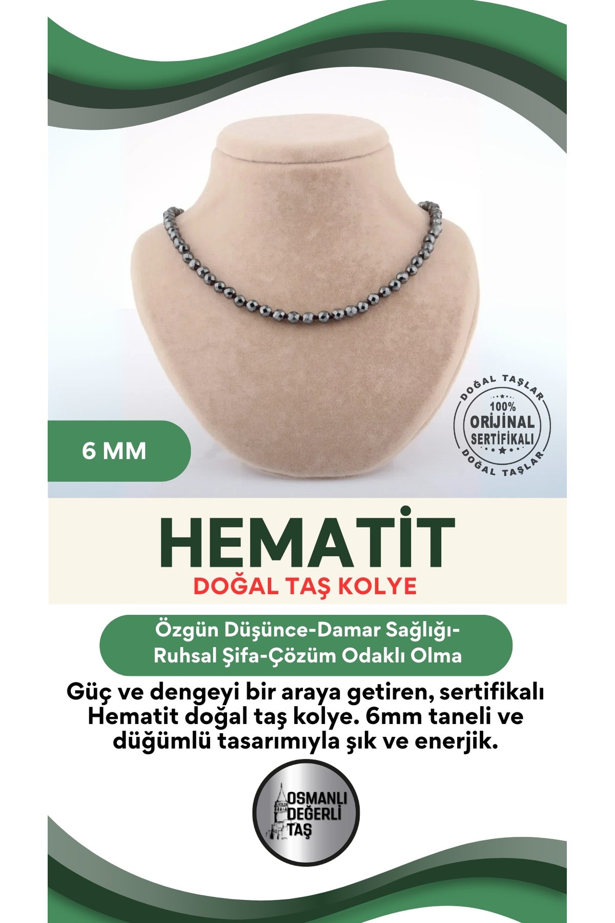 Sertifikalı Hematit 6mm Düğümlü Kolye