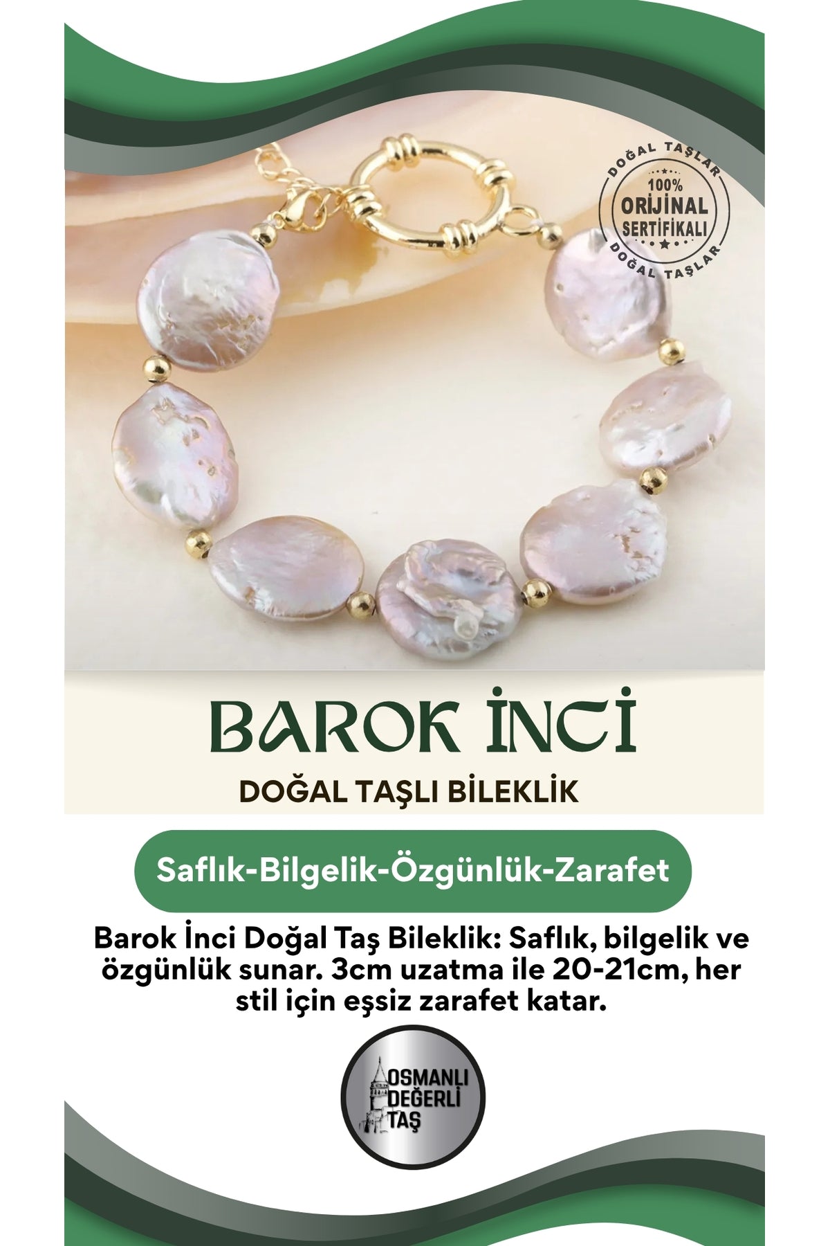 Barok Inci Doğal Taş Bileklik (3 cm Uzatma Ile Birlikte) - 20-21 cm