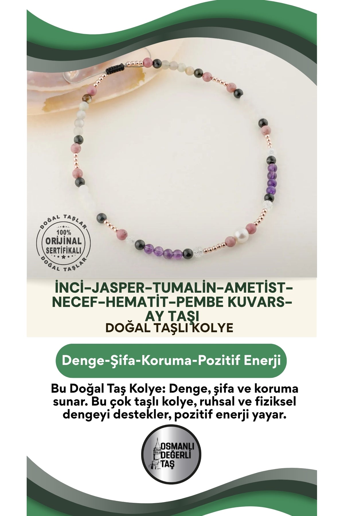 Inci-jasper-tumalin-ametist-necef-hematit-pembe Kuvars-ay Taşı Doğal Taş Kolye