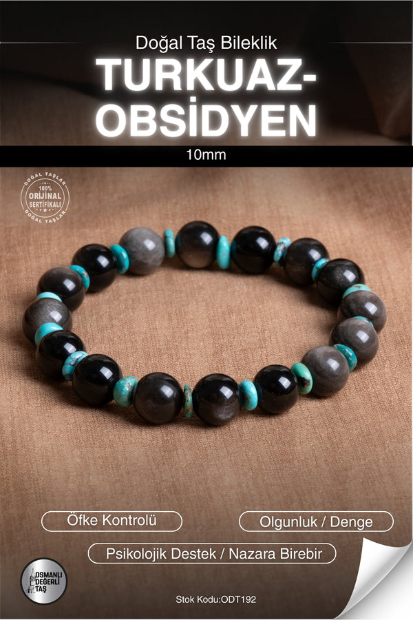 SERTİFİKALI Obsidyen-Firuze(Turkuaz) Doğal Taş 10mm Bileklik ODT192