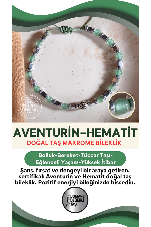 SERTİFİKALI Aventurin-Hematit Doğal Taş Makrome Ayarlanabilir Bileklik