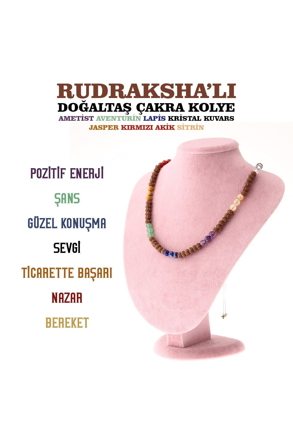 Rudraksha'lı Doğaltaş Çakra Kolye Ametist Aventurin Lapis Kristal Kuvars Jasper 6 mm M448